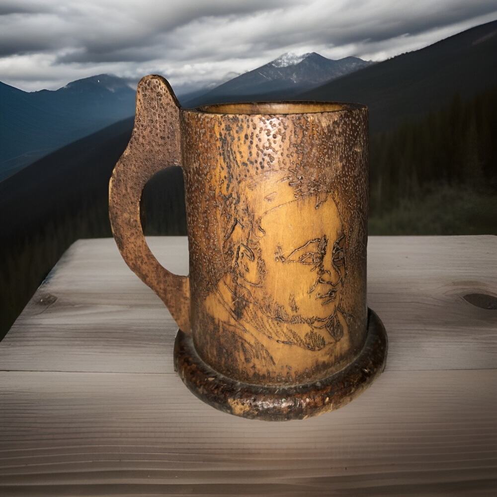 Pyrography Wooden Mug-victorian cup Hand Decorated. Elderly Couple Approx-14-oz